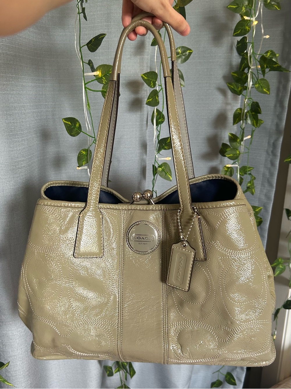 Coach Patent Leather Shoulder Tote in Olive Green